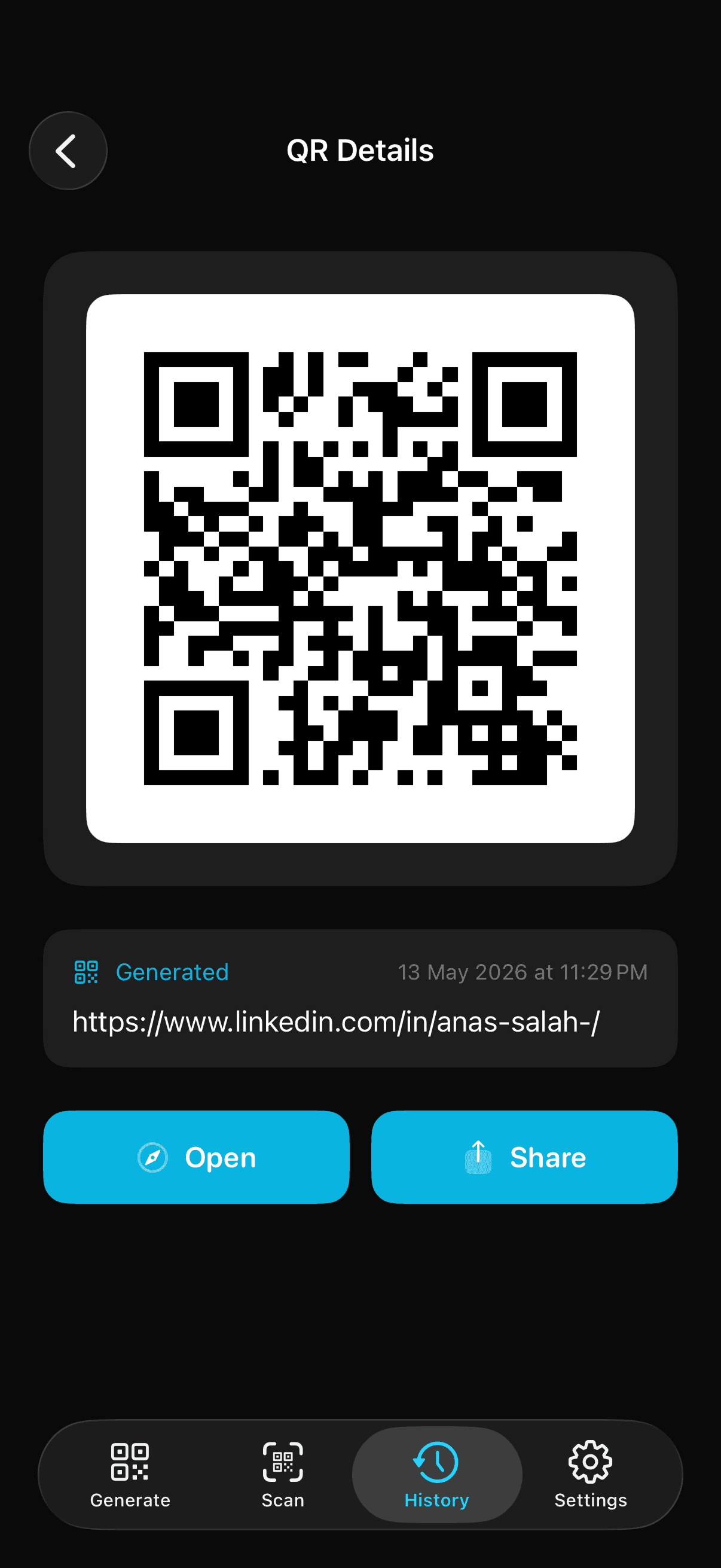 QR Generator — saved codes history