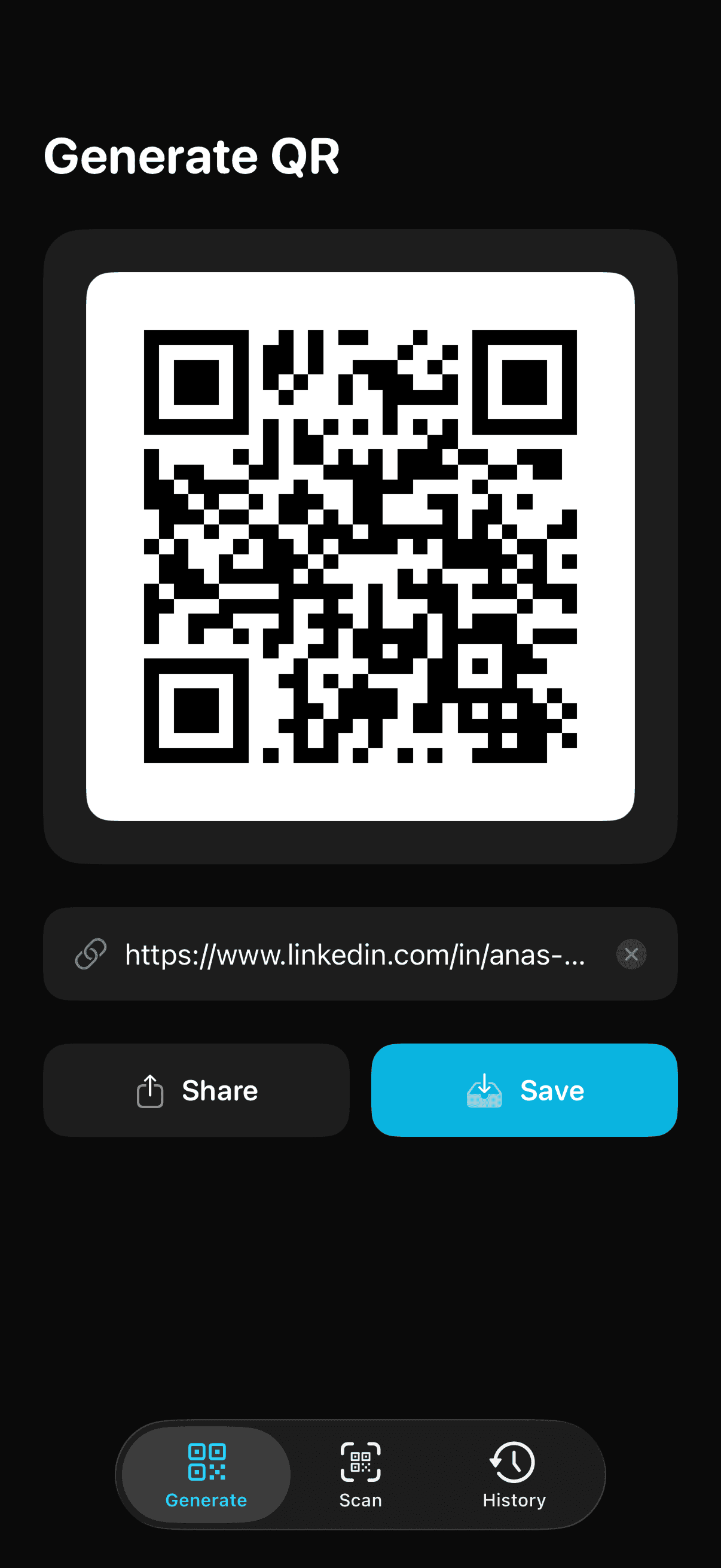 QR Generator main screen showing a generated QR code and history